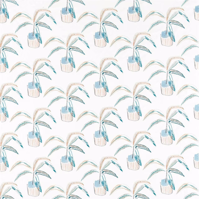 Cream botanical fabric with marine leaves, mint fronds and tangerine striped pots