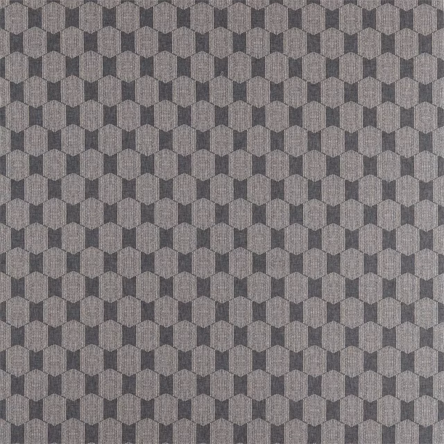 Charcoal-grey woven fabric with repeating faceted cube motifs and subtle textured depth