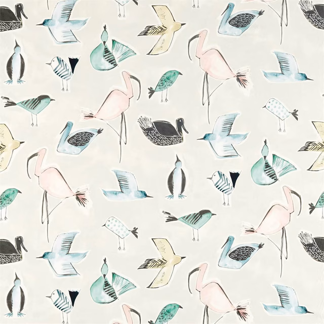 Blush flamingos and mint birds scattered across a pale cream ground