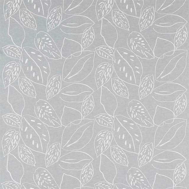 Cool frosted-grey textile with fine white outlined leaves and a softly woven surface