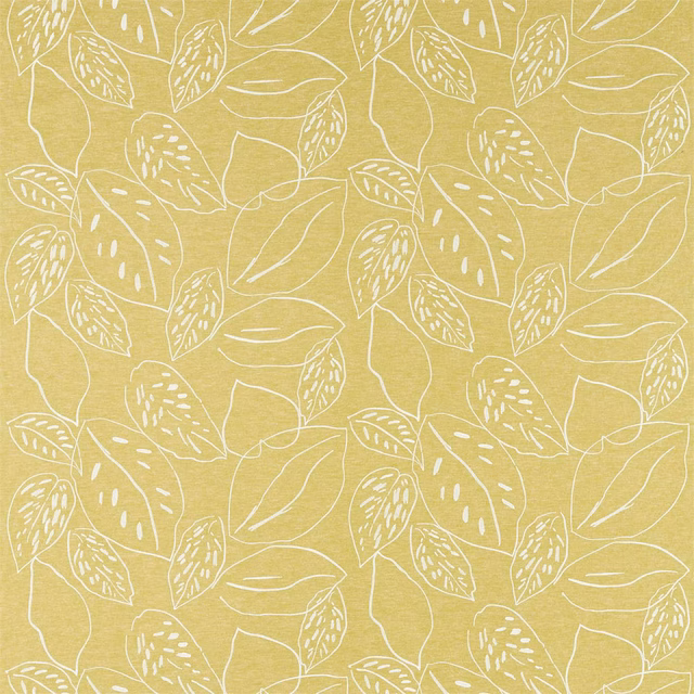 Muted lime-green fabric with white outlined leaves and trailing botanical motifs