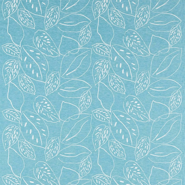Cool aqua-teal fabric with fine white outlined leaves and botanical sprigs
