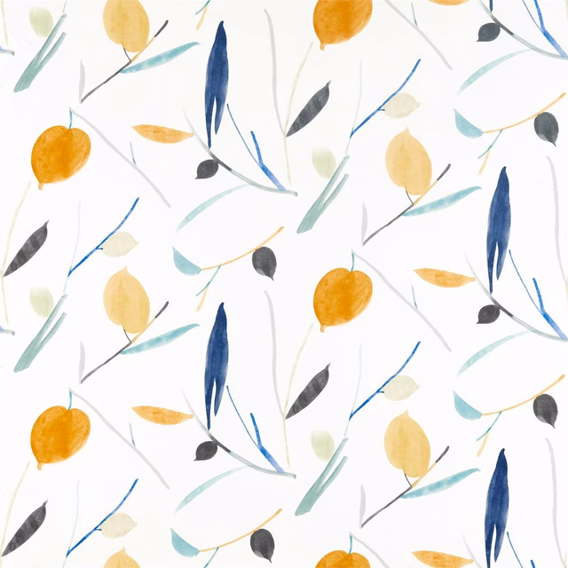 Warm papaya and honey botanical marks with navy and teal on an ivory ground