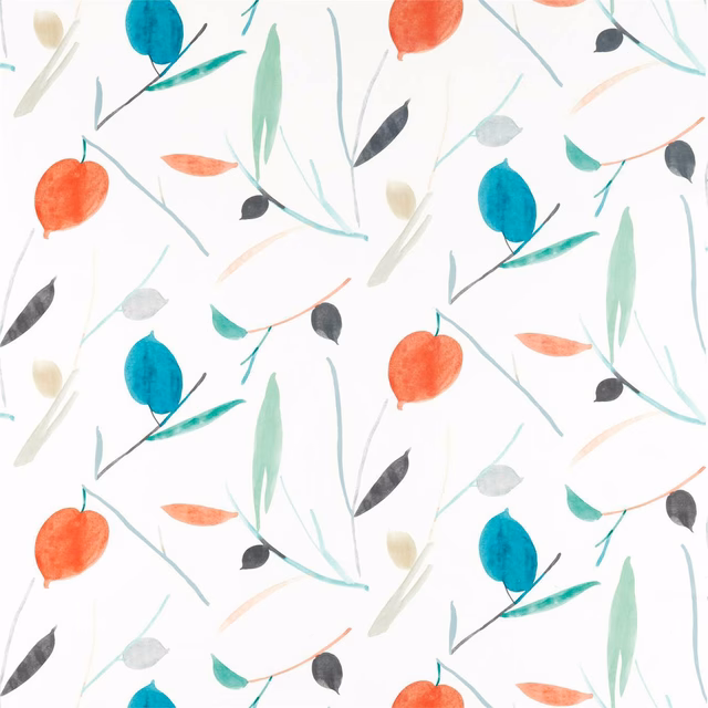 Ivory fabric with coral, teal and charcoal abstract botanical motifs