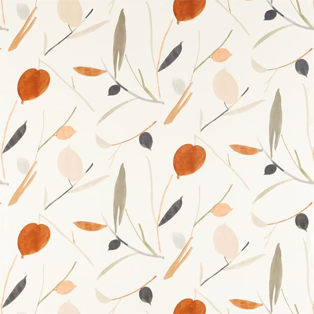 Cream botanical fabric with terracotta pods, olive leaves and charcoal stems