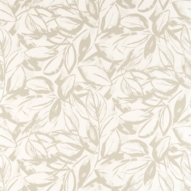Ivory fabric with softly sketched pale taupe leaves in a trailing botanical repeat