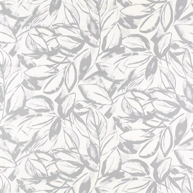 Cool ivory botanical fabric with layered soft-grey leaves and fine sketched outlines