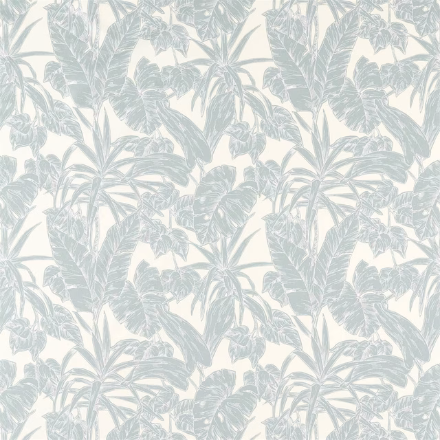 Frosted blue-grey palm leaves and tropical foliage on an icy off-white fabric ground