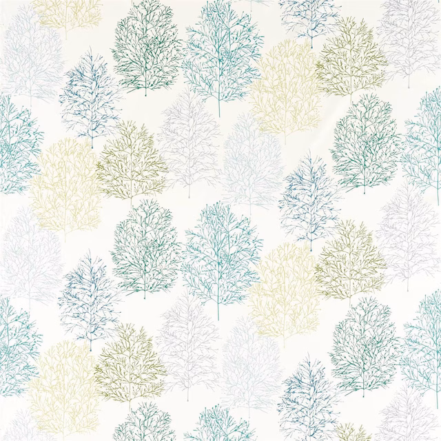 Pale ground with scattered kiwi, aqua and slate branching tree motifs