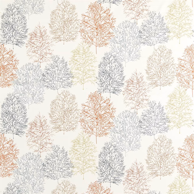 Cream textile with fine coral, blue-grey, sage and raffia tree motifs