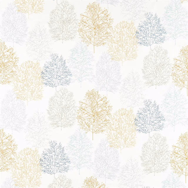 Ivory fabric with pale blue, grey and papaya branching tree motifs