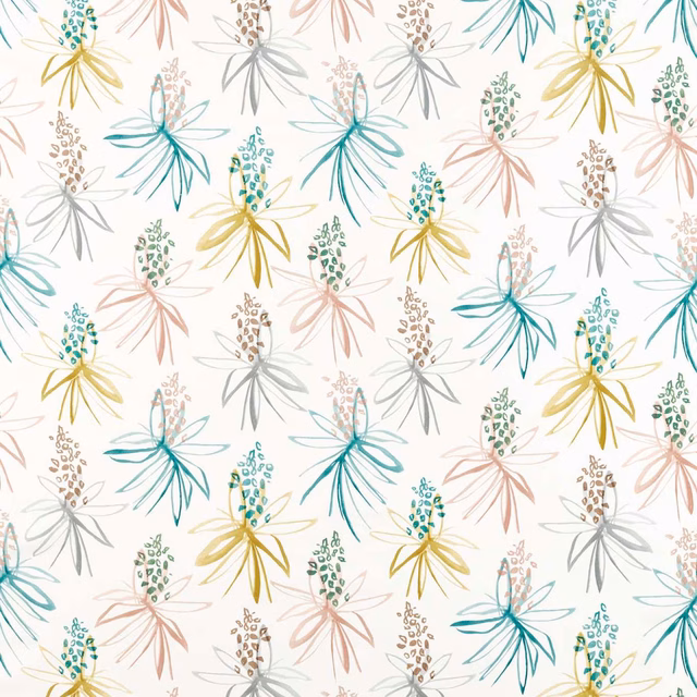 Cream swatch with blush, teal, ochre and grey botanical sprays