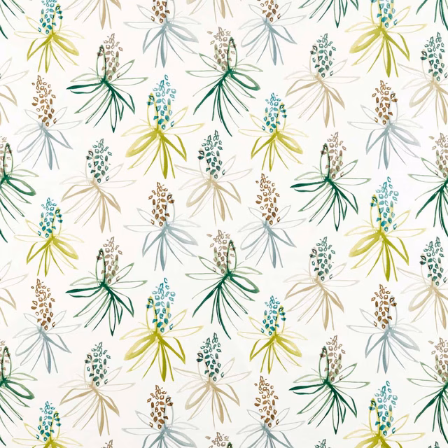 Cream botanical fabric with lime, teal, sage and juniper Tillandsia sprigs