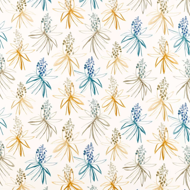 Cream botanical fabric with teal, ochre, blue and taupe stylised sprigs
