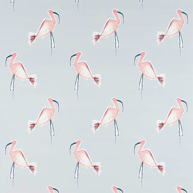 Soft pink flamingos with dark legs and coral accents on a pale blue-grey ground