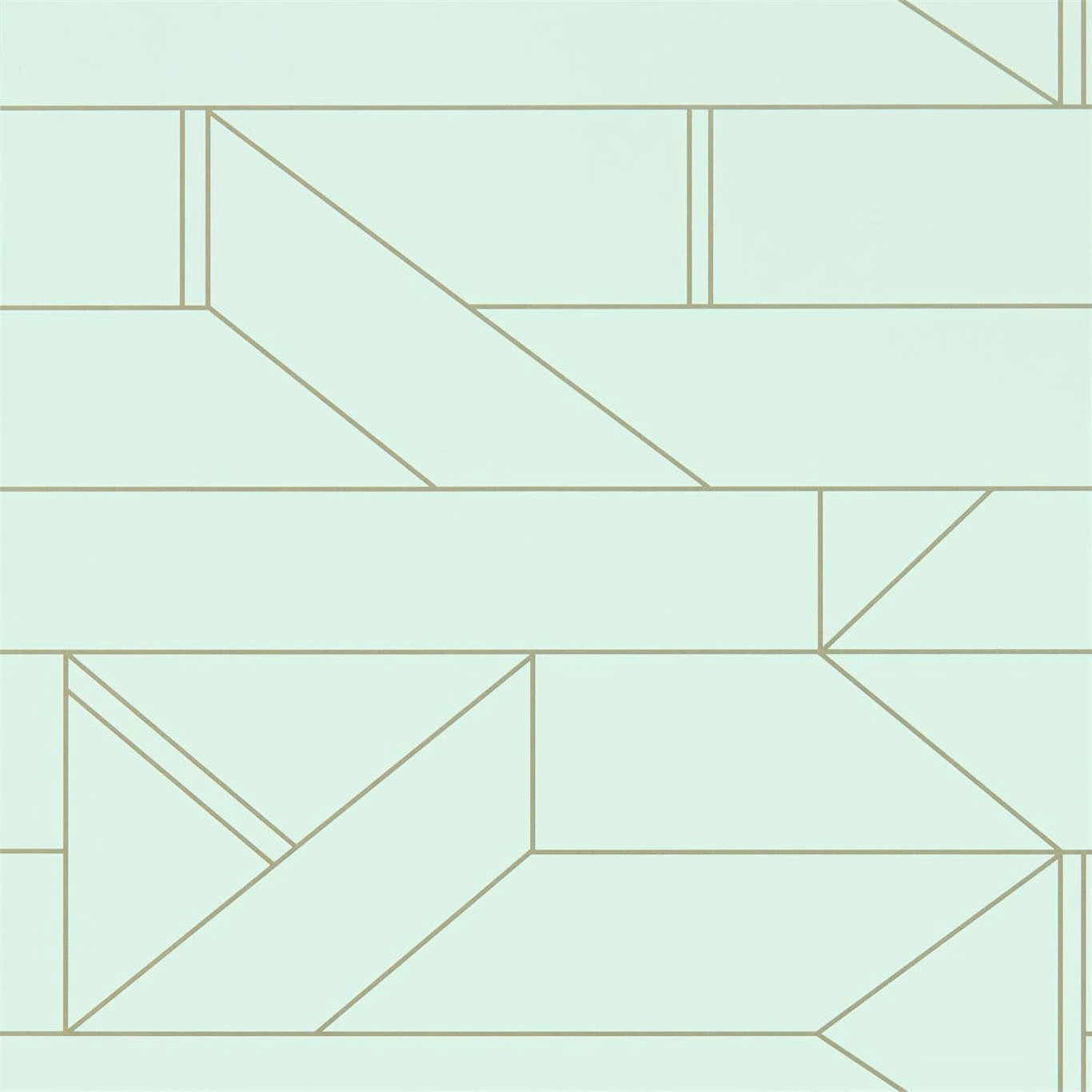 Pale mint wallpaper with fine taupe architectural lines forming angular geometric panels