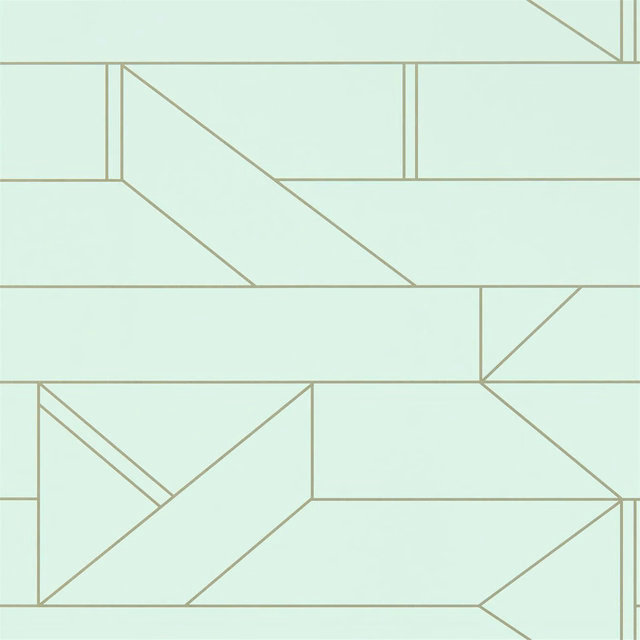 Pale mint wallpaper with fine taupe architectural lines forming angular geometric panels