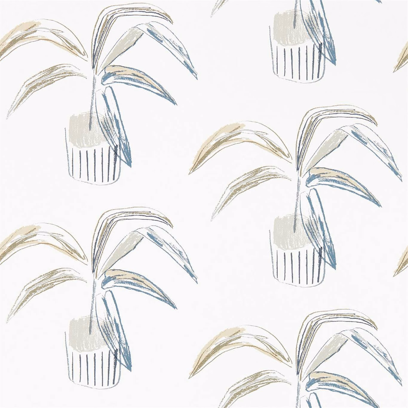 Putty and slate potted botanical leaves on a pale cream wallpaper ground