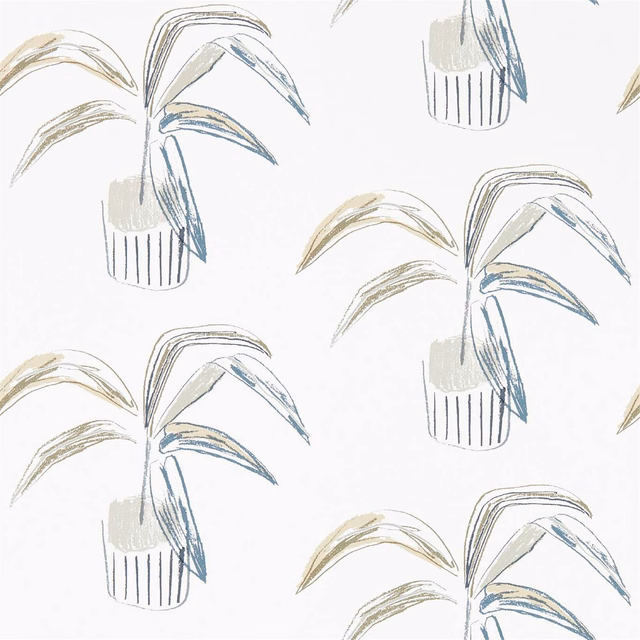 Putty and slate potted botanical leaves on a pale cream wallpaper ground