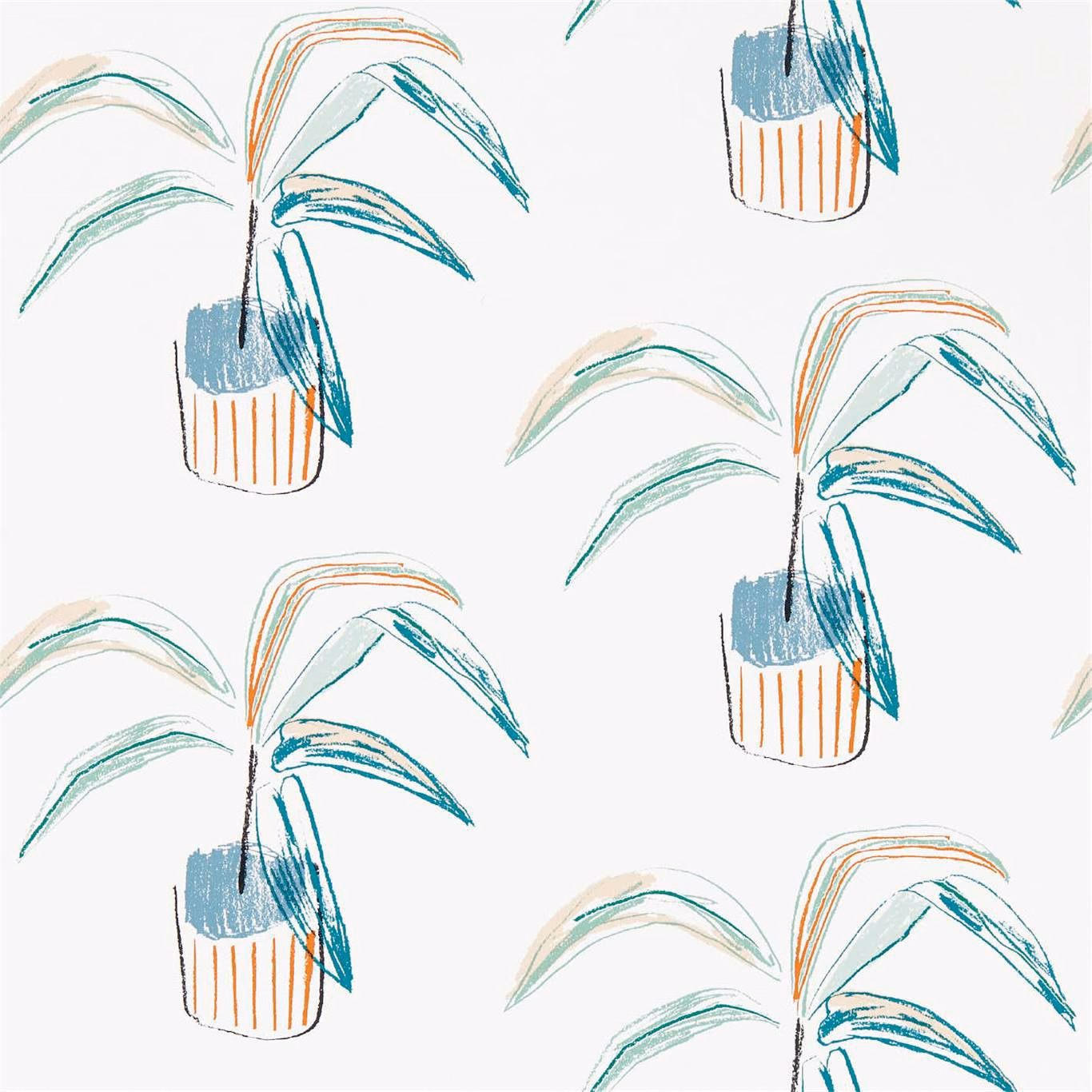 Mint and teal potted botanical sketches with tangerine lines on a pale wallpaper ground