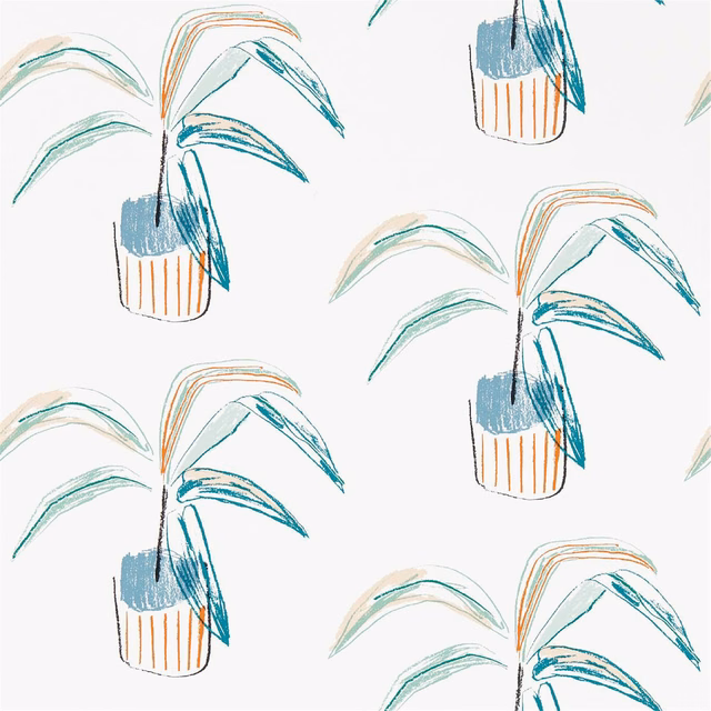 Mint and teal potted botanical sketches with tangerine lines on a pale wallpaper ground