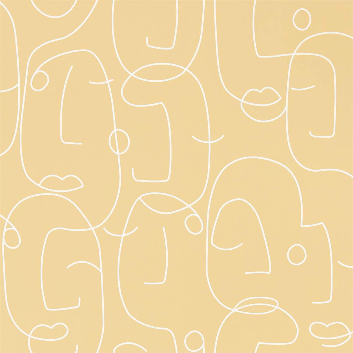 Honey-yellow wallpaper with white abstract faces drawn in continuous looping lines