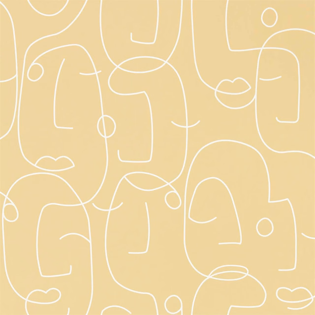Honey-yellow wallpaper with white abstract faces drawn in continuous looping lines