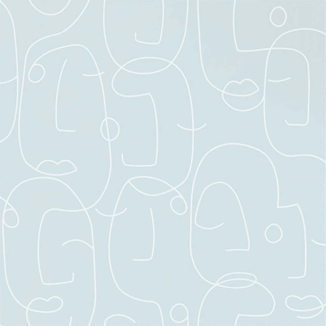 Pale mist-blue wallpaper with white continuous-line faces, arches and looping profiles