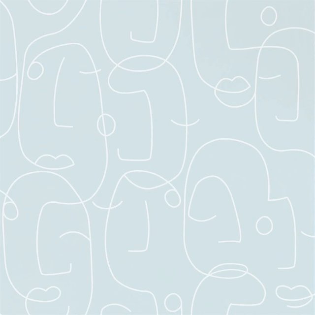 Pale mist-blue wallpaper with white continuous-line faces, arches and looping profiles
