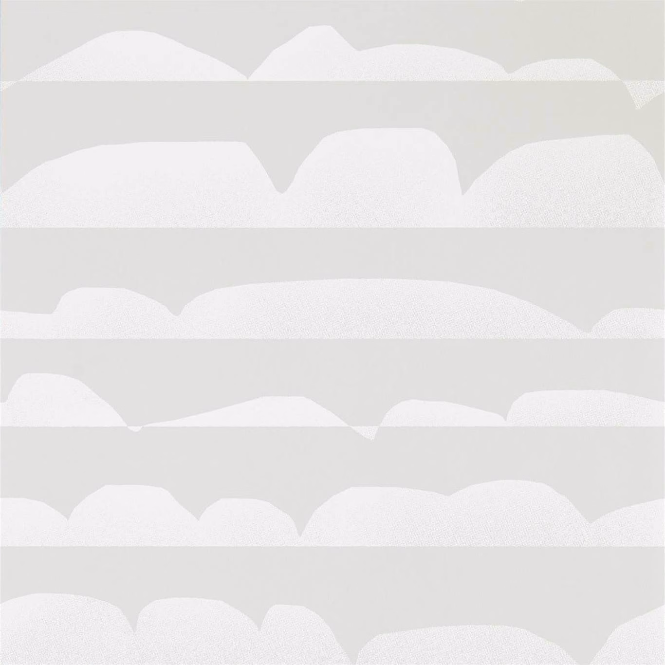 Pale dove-grey wallpaper with ivory scalloped bands and fine grain