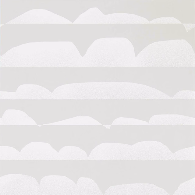 Pale dove-grey wallpaper with ivory scalloped bands and fine grain