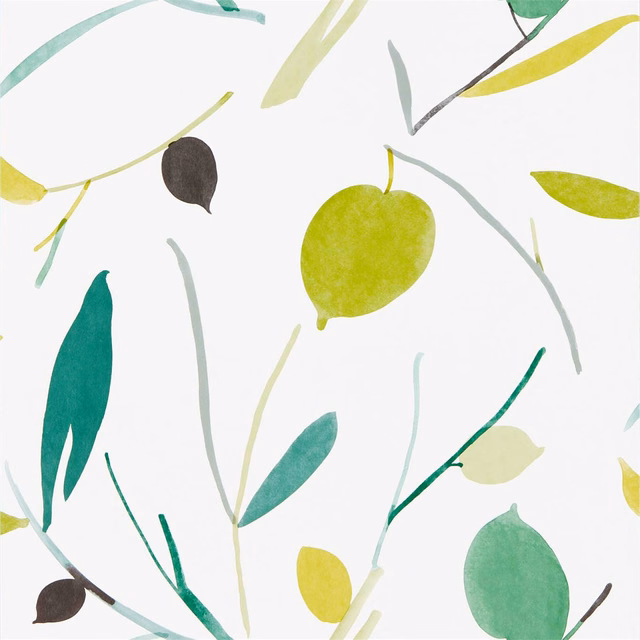 White-ground wallpaper with kiwi-lime fruit shapes, juniper stems and aqua leaves