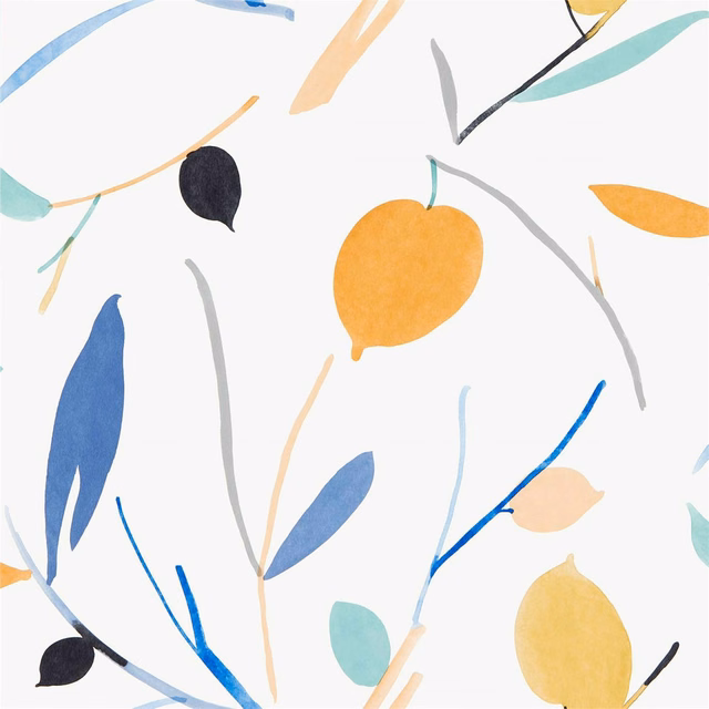 Papaya-orange and honey-yellow botanical shapes with blue and teal brushstrokes on white