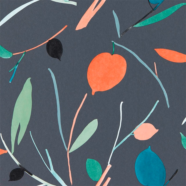 Charcoal marine wallpaper with coral fruit and mint, teal botanical motifs