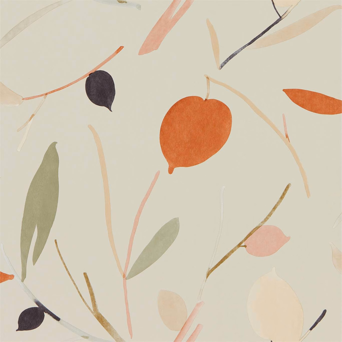 Pale raffia wallpaper with terracotta pods, sage leaves, blush accents and charcoal stems