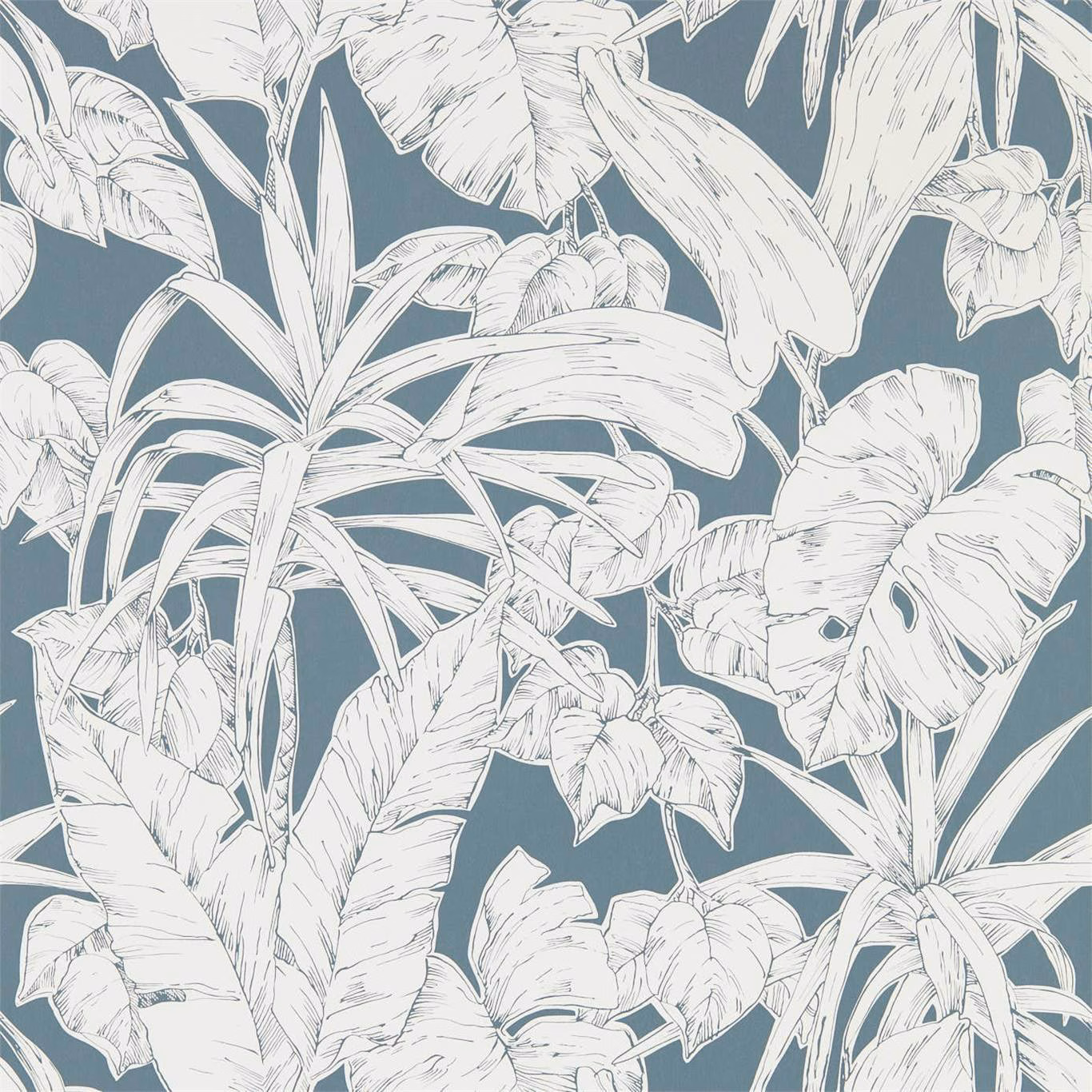 Ivory palm leaves densely layered over a blue-grey charcoal wallpaper ground
