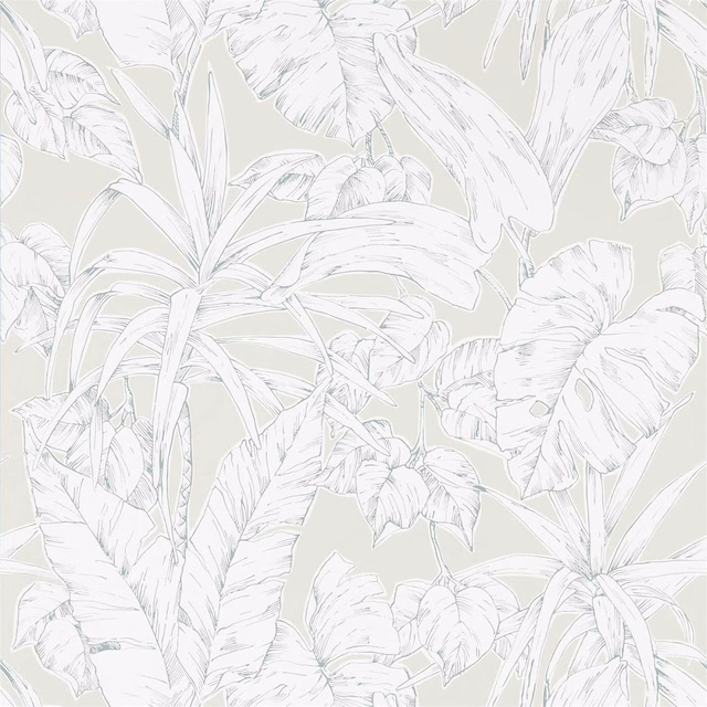 Pale sage wallpaper with oversized white outlined palm and banana leaves