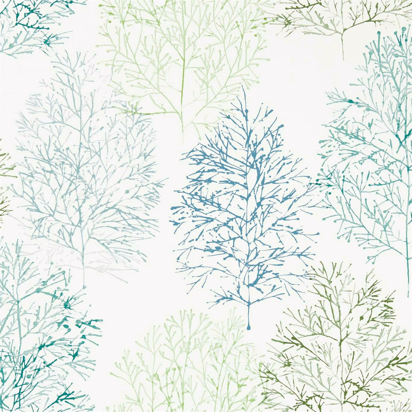 Kiwi green and slate blue branching trees on a pale wallpaper ground
