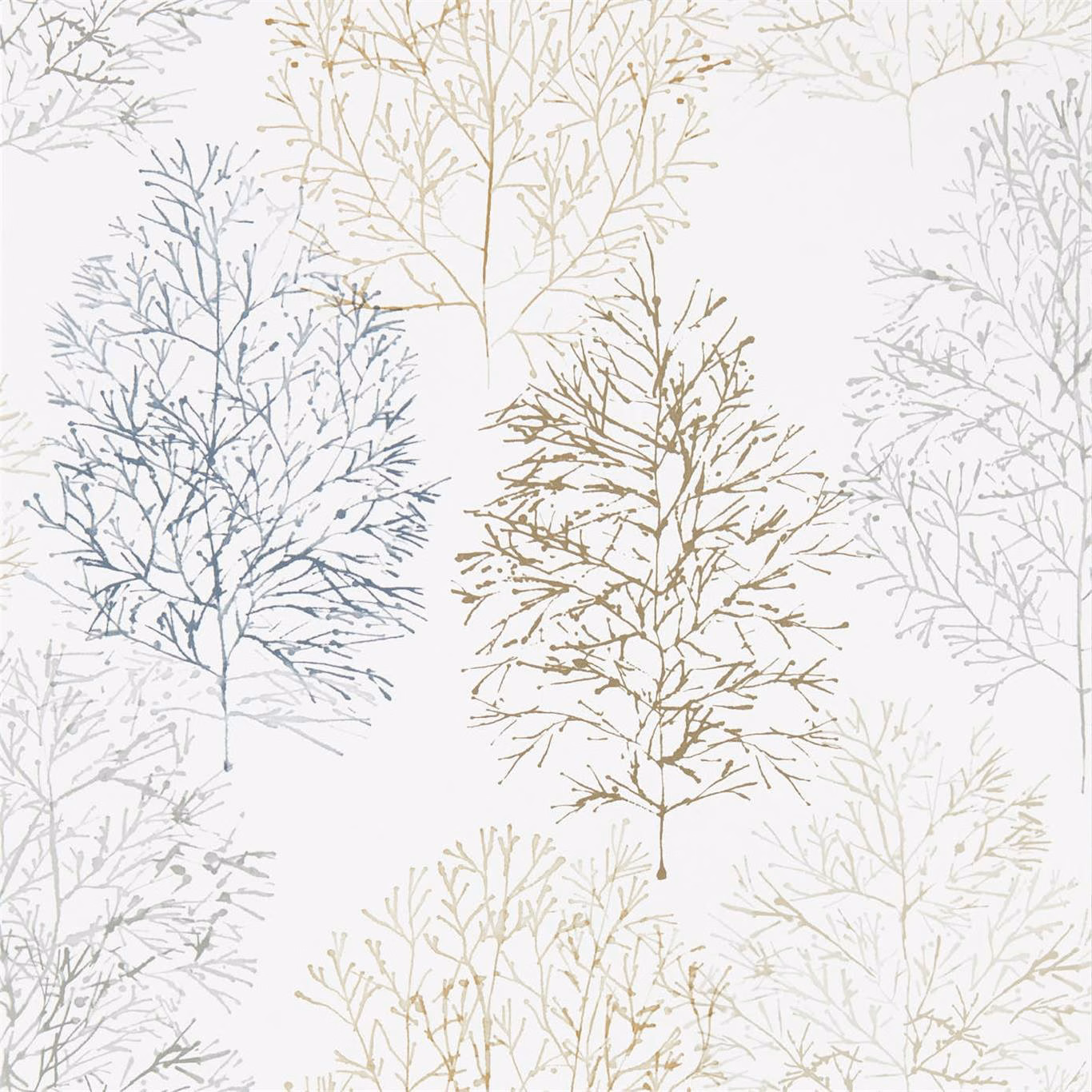White wallpaper with olive, blue-grey and raffia branching tree motifs
