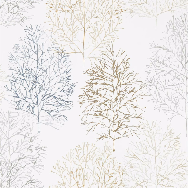 White wallpaper with olive, blue-grey and raffia branching tree motifs