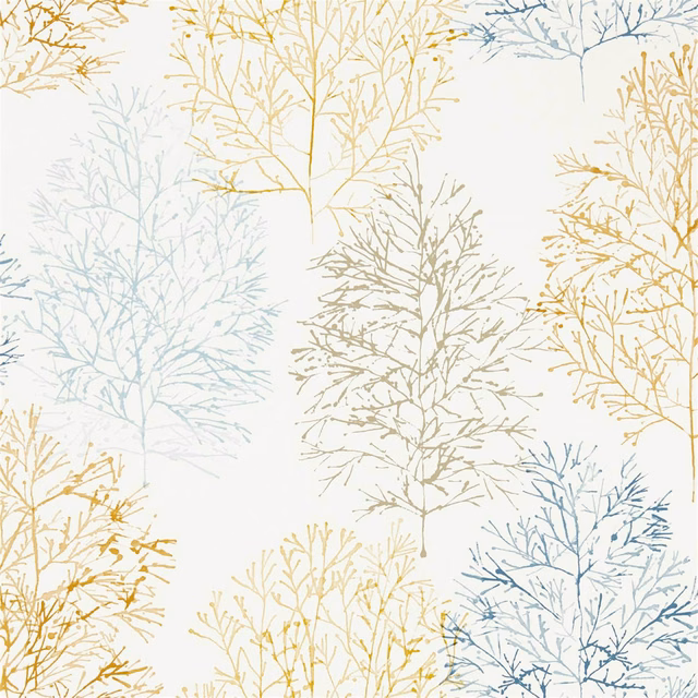 Ivory wallpaper with papaya, pale blue and grey branching botanical silhouettes