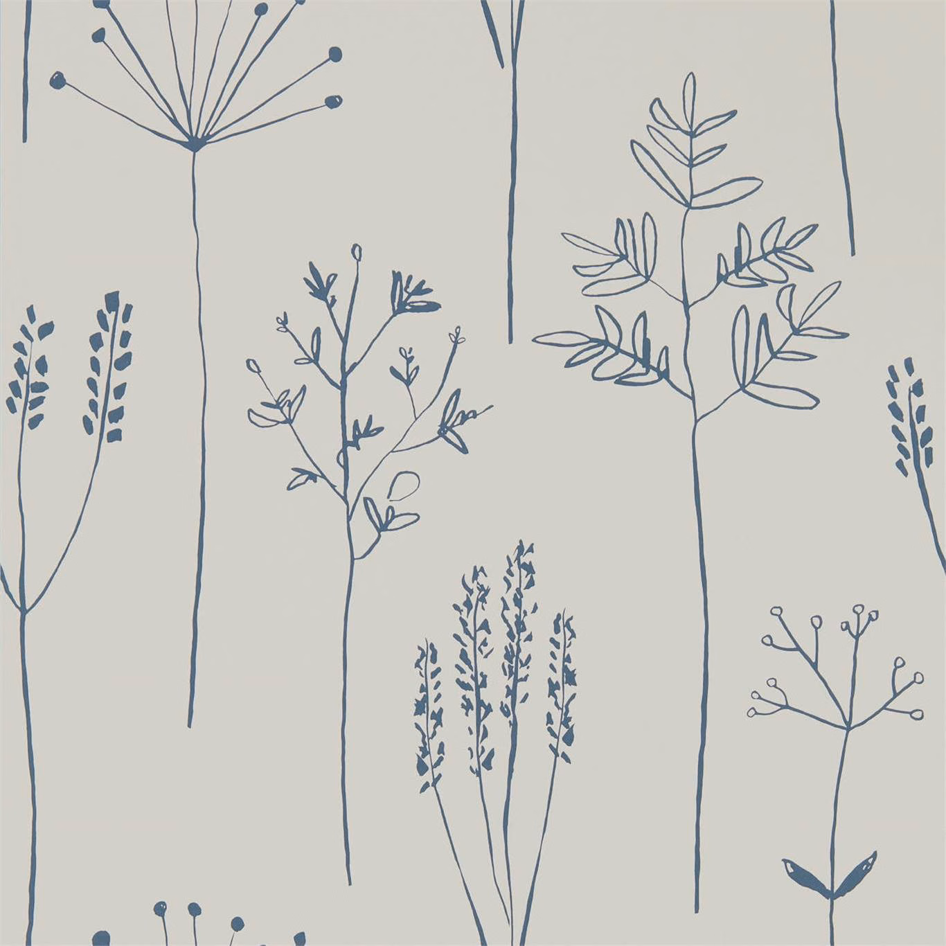 Muted denim-blue botanical stems and seedheads on a pale grey-beige ground
