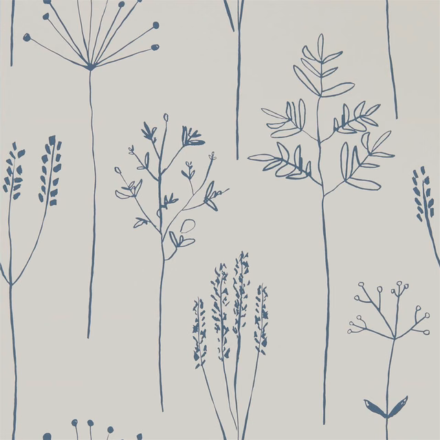 Muted denim-blue botanical stems and seedheads on a pale grey-beige ground