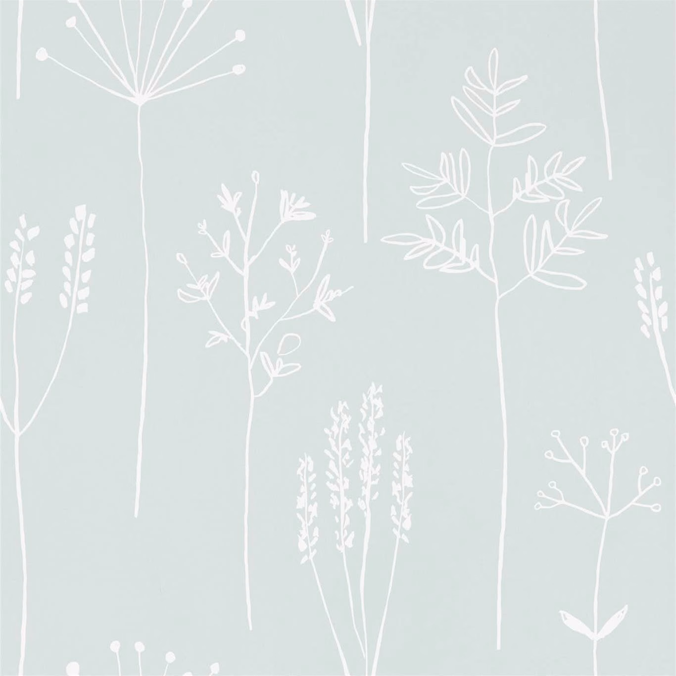 Pale sage wallpaper with white grasses, leafy stems and delicate seed heads