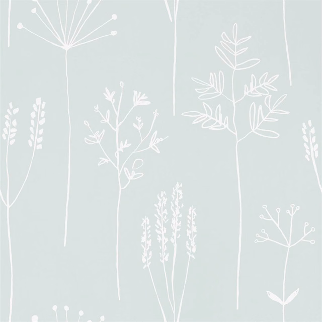 Pale sage wallpaper with white grasses, leafy stems and delicate seed heads