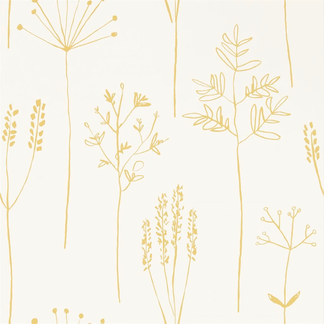 Ivory wallpaper with delicate honey-gold botanical stems, grasses and seed heads
