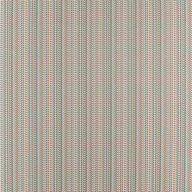 Close view of cream fabric with sage, blue and coral vertical floral weave
