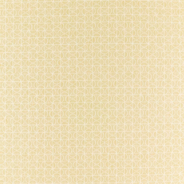 Pale citrus-yellow woven fabric with cream linked-loop geometry and fine grid texture