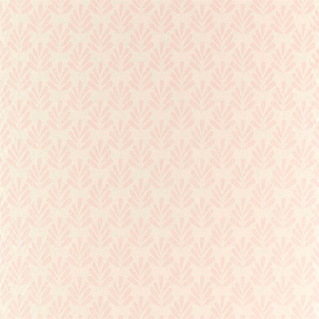 Pale blush woven fabric with repeating dusty rose leaf motifs and fine texture
