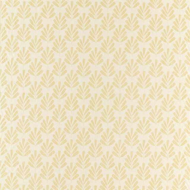 Ivory fabric with repeating pale citrus-yellow stylised leaf motifs and woven texture